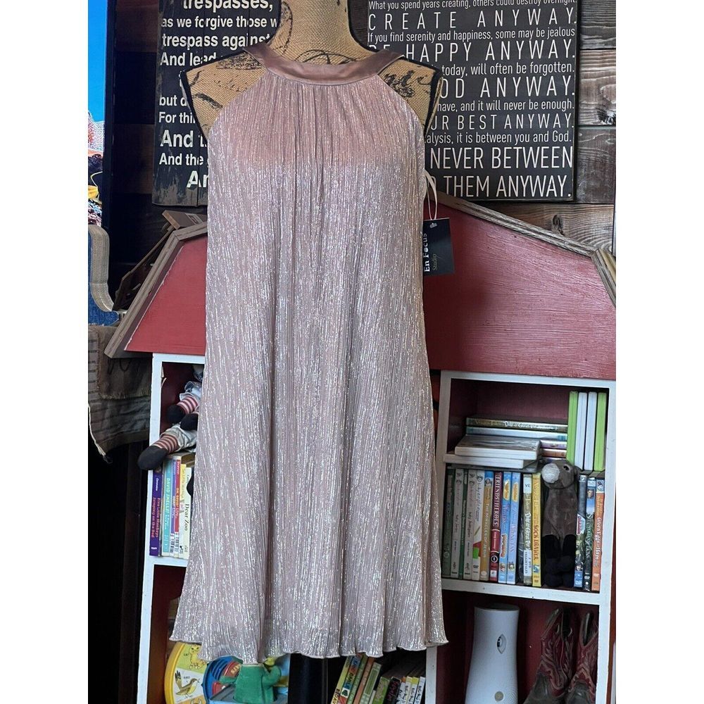 En Focus Studio Shimmery Taupe Colored Dress W/ Silver &Copper‎ Highlights